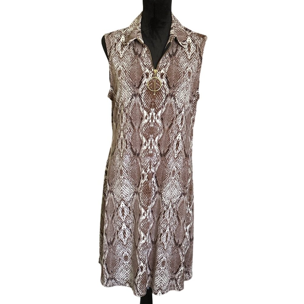 💖MSK brown taupe snakeskin print sleeveless dress, gold zipper front closure